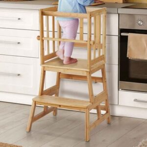COSYLAND Kids Kitchen Step Stool，Toddler Standing Tower with CPC Certification, Removable Anti-Drop Railing Safety Rail Enjoys Unique Patented Design A Anti-tip Structure More Stable, Natural Bamboo - Image 9