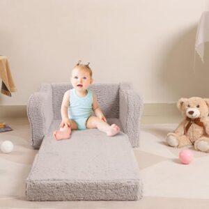 Kids Chairs for Toddler, 2-in-1 Toddler Soft Sherpa Couch Fold Out, Convertible Sofa to Lounger for Girls and Boys, Grey - Image 8