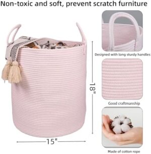 Cotton Rope Laundry Basket Hamper for Girls Kids Baby Nursery Hamper Bin Woven Storage Basket for Living Room Girls room Boho Tall Rope Baskets for Blanket Toys Large light pink - Image 2