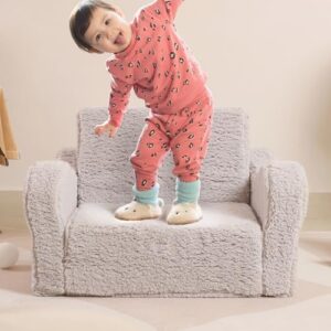 Kids Chairs for Toddler, 2-in-1 Toddler Soft Sherpa Couch Fold Out, Convertible Sofa to Lounger for Girls and Boys, Grey - Image 4