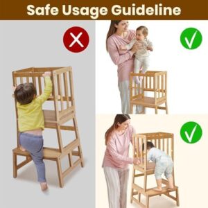 COSYLAND Kids Kitchen Step Stool，Toddler Standing Tower with CPC Certification, Removable Anti-Drop Railing Safety Rail Enjoys Unique Patented Design A Anti-tip Structure More Stable, Natural Bamboo - Image 4