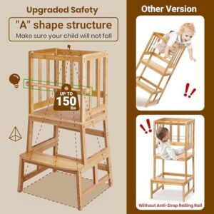 COSYLAND Kids Kitchen Step Stool，Toddler Standing Tower with CPC Certification, Removable Anti-Drop Railing Safety Rail Enjoys Unique Patented Design A Anti-tip Structure More Stable, Natural Bamboo - Image 2