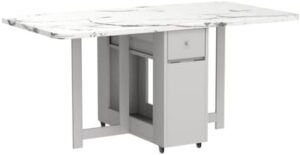 Folding Dining Table with Rack and 2 Storage Drawers, Movable Extendable Space Saving Kitchen Table in 3 Forms (White) - Image 5