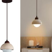 Nordic Natural Stone Shade Pendant Light Wabi-Sabi Yellow Cave Stone Chandelier for Kitchen Island,Wood Mini Pendant Lamp for Dining,Bedside,Entryway,Cafe,Restaurant(1-Pack)