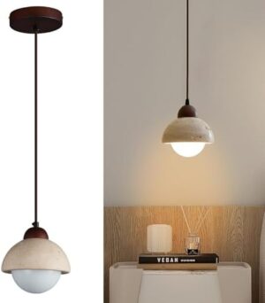 Nordic Natural Stone Shade Pendant Light Wabi-Sabi Yellow Cave Stone Chandelier for Kitchen Island,Wood Mini Pendant Lamp for Dining,Bedside,Entryway,Cafe,Restaurant(1-Pack)