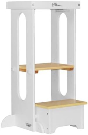 Little Partners Foldable Toddler Tower - Explore 'N Store Montessori Kitchen Tower for Cooking, 22.28" L x 19.56" W x 33.50" H, Ages 2 to 6 (White w/Natural)