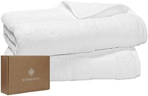 BIOWEAVES 100% Organic Cotton 700 GSM Plush Bath Towels 30" x 58" GOTS Certified - White, Pack of 2