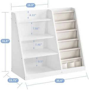 Kids Bookshelf and Toy Storage Organizer, 4 Tier Wooden Kids Book Shelf with Sling Book Rack in Kids Room Playroom Nursery for Kids, Children, Toddlers, White - Image 2