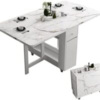 Folding Dining Table with Rack and 2 Storage Drawers, Movable Extendable Space Saving Kitchen Table in 3 Forms (White)