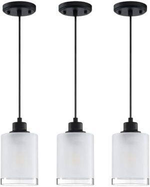 3 Pack 1 Light Kitchen Island Pendant Light Industrial Farmhouse Fixture,Frosted Glass Black Finish for Bedroom Hallway Dining Room Entryway Kitchen Cafe Bar