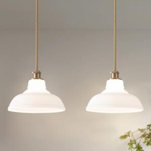 Milk Glass Pendant Lights Kitchen Island 2 Pack Dome Schoolhouse Pendant Light Fixture White and Gold Mid Century Modern Chandelier for Dining Room Bedroom Kitchen