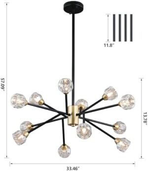 AMZASA Crystal Chandeliers, Modern Black and Gold Sputnik Pendant Lighting, 12 Lights Mid Century Ceiling Light Fixtures for Dining Room Kitchen Island Living Room Bedroom Bar,UL - Image 3