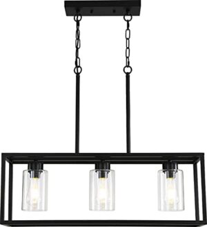 Black 3-Light Dining Room Light Fixture, Modern Farmhouse Chandeliers, Linear Rectangular Kitchen Island Lighting, Industrial Vintage Pendant Lighting with Clear Glass Shade Height Adjustable - Image 9