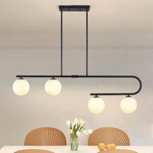 Kitchen Island Lighting 4 Lights, Black Dining Room Light Fixture Over Table, Mid Century Modern Chandelier Globe Glass Linear Chandelier Pendant Lighting for Dining Table, Height Adjustable - Image 8