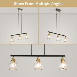 Island Light for Kitchen, 3-Light Black and Gold Kitchen Island Farmhouse Linear Hanging Pendant Chandeliers, Matte Black Dining Room Light Fixture Over Table with Clear Round Glass Shades - Image 6