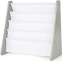 Humble Crew 4-Tier Kids Bookshelf, Grey Wood/White - Premium Book Shelf for Kids Rooms with Four Deep Pockets - Toddler Sling Book Rack with Deep Sleeves, Nursery Bookcase Organizer