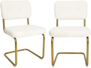 CangLong Fleece Dining Chairs, Mid-Century Modern Upholstered Armless Chairs with Metal Legs for Home, Kitchen, Dining Room, Set of 2, White
