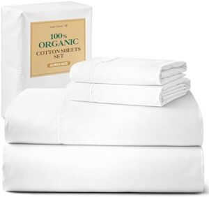 LANE LINEN 100% Organic Cotton Queen Sheet Set, 4Pc Cotton Sheets Queen Size Bed Set, Soft & Breathable Percale Weave, Deep Pocket Queen Sheets, Hotel-Quality Bed Sheets Queen Size - White Bed Sheets