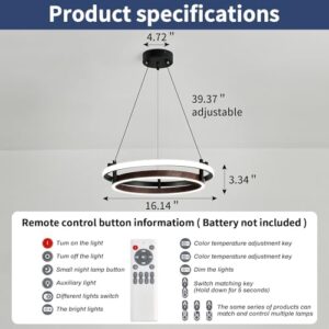 Modern LED Pendant Light 2 Ring Contemporary Chandelier Black and Wooden Hanging Light Fixture for Kitchen Dining Room Bedroom Entryway Living Room Staircase. - Image 2