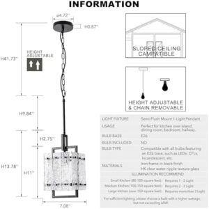 Black Glass Island Light for Kitchen, Modern Ceiling Hanging1-Light Pendant Lighting Fixture for Kitchen Dining Room Bedroom Hallway, Height Adjustable Water Ripple Glass E26 Square - Image 7