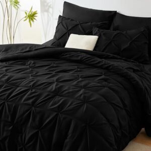 CozyLux Queen Comforter Set 7 Pieces Bed in A Bag Black Comforters Queen Size Bed Set Pintuck Pinch Pleat Complete Bedding Sets with Comforter, Flat Sheet, Fitted Sheet and Pillowcases & Shams - Image 2