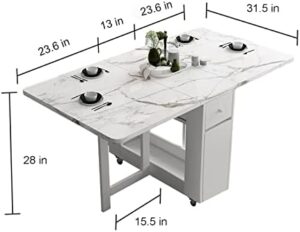 Folding Dining Table with Rack and 2 Storage Drawers, Movable Extendable Space Saving Kitchen Table in 3 Forms (White) - Image 3
