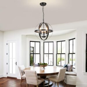 DLLT Vintage Pendant Hanging Light Fixtures, Flush Mount Ceiling Chandelier Lamp with Metal Spherical Shade for Kitchen, Dining Room, Living Room, Hallway, Entryway 3-Light, E12 Base-Matte Black - Image 8