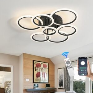 Modern LED Ceiling Light, Kitchen Lighting Fixtures 7 Rings black LED Flush Mount Ceiling Light APP and Remote Control Dimmable With Memory 3000K-6500K 34" 60W for Living Room, Dining Room, Office