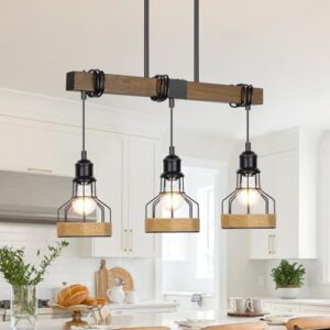 3-Light Dining Room Light Fixture Over Table Chandelier Rustic, Solid Wood Kitchen Island Lighting Fixture Ceiling Linear Dining Ceiling Mount Lamp Modern Metal Lampshade Dining Pendant Light - Image 2