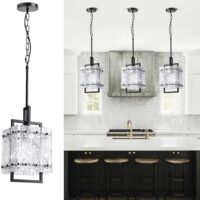 Black Glass Island Light for Kitchen, Modern Ceiling Hanging1-Light Pendant Lighting Fixture for Kitchen Dining Room Bedroom Hallway, Height Adjustable Water Ripple Glass E26 Square