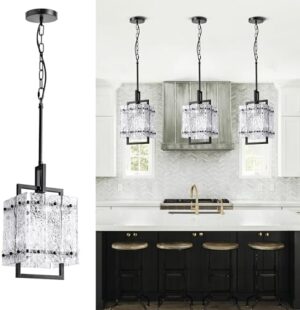 Black Glass Island Light for Kitchen, Modern Ceiling Hanging1-Light Pendant Lighting Fixture for Kitchen Dining Room Bedroom Hallway, Height Adjustable Water Ripple Glass E26 Square