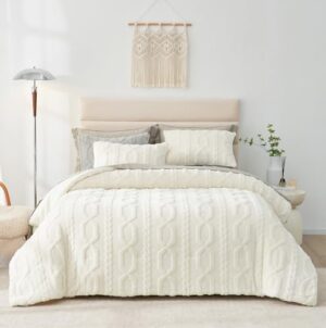 Cozy Bliss Fluffy Twin Size Comforter Set Cream, Jacquard Boho Texture Sherpa Bed Set, Ultra Soft Thick Bedding Set for Winter, 2 Pieces, 1 Fuzzy Comforter & 1 Pillow Shams - Image 2