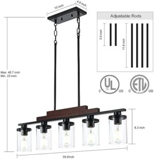 Dining Room Light Fixture/Chandelier Over Table,5-Light Kitchen Island Lighting Hanging for Farmhouse Linear Chandeliers Matte Black Rustic Wood Ceiling Pendant Light Fixtures with Clear Glass Shade - Image 2