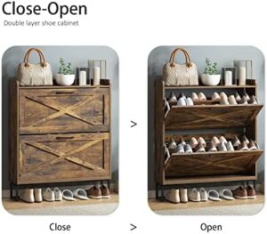 Maupvit Shoe Storage Cabinet with 2 Flip Drawers, Freestanding Organizer with Metal Legs for Entryway, Narrow Shoe Rack Cabinet, Rustic Brown - Image 5