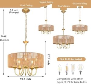 Gold 5-Light Rattan Light Fixture 19.7" Rattan Pendant Lights Boho Chandelier Wicker Chandelier Woven Pendant Light Drum Chandelier with Hand Woven Wicker Shade for Dining Room Kitchen Island - Image 3