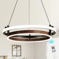 Modern LED Pendant Light 2 Ring Contemporary Chandelier Black and Wooden Hanging Light Fixture for Kitchen Dining Room Bedroom Entryway Living Room Staircase.