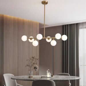 Modern Linear Chandelier, Mid Century Gold Brass Sputnik Pendant Light with White Glass Lampshade,8 Lights Globe Rectangle Chandelier,for Dining Room Kitchen - Image 5