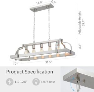 WUZUPS 5-Light Metal Pot Hanging Rack Chandelier Linear Pendant Ceiling Lighting Rustic Farmhouse Fixture Kitchen Island Dining Room, H 9.8" L 34.6" W11.8, E26 Base, Brushed Nickel - Image 2