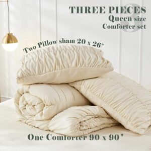 Queen Comforter Set - Ruched Comforter Queen Size Bed Set Boho Shabby Chic Bedding for Bedroom Comforter Fluffy 3 Piece Ruffle Comforter Set with Pillow White Bedding Soft - Image 5
