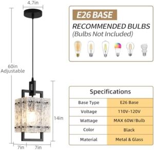 Black Pendant Light Fixtures Modern Pendant Lights Kitchen Island Water Ripple Glass Square Pendant Light Adjustable Hanging Pendant Lighting for Kitchen Dining Room Over Island 1 Pack - Image 4