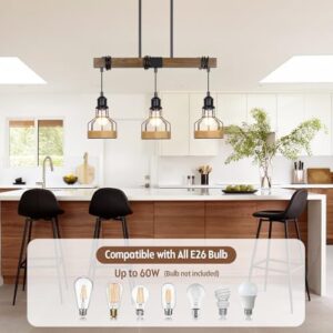 3-Light Dining Room Light Fixture Over Table Chandelier Rustic, Solid Wood Kitchen Island Lighting Fixture Ceiling Linear Dining Ceiling Mount Lamp Modern Metal Lampshade Dining Pendant Light - Image 6