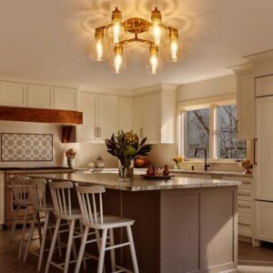 Kitchen Lighting Fixtures Ceiling Living Room Ceiling Light Fixture Gold Kitchen Ceiling Light Fixtures 6-Light Semi Flush Mount Chandelier Large Dining Room Ceiling Light with Clear Glass Shade - Image 2