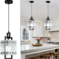 Black Pendant Light Fixtures Modern Pendant Lights Kitchen Island Water Ripple Glass Square Pendant Light Adjustable Hanging Pendant Lighting for Kitchen Dining Room Over Island 1 Pack