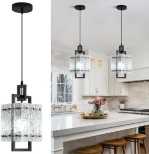 Black Pendant Light Fixtures Modern Pendant Lights Kitchen Island Water Ripple Glass Square Pendant Light Adjustable Hanging Pendant Lighting for Kitchen Dining Room Over Island 1 Pack