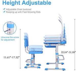 Kids Desk and Chair Set, Height Adjustable Child's School Study Writing Tables with Tilt Desktop, LED Light, Storage Drawer, Book Stand (Blue) - Image 2