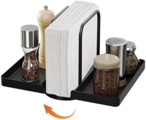 Napkin Holder for Table Rotating Standing Napkin Dispenser with Salt and Pepper Shakers Caddy Metal Paper Towel Holder for Kitchen Dining Bathroom Farmhouse Picnic Decors Black Not Including Shakers