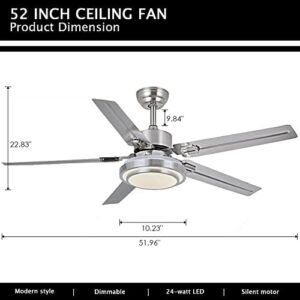 Ceiling Fan with Lights Remote Control, Modern Minimalist,6 Speeds 3 Color Dimmable Light, Brushed Nickel 52 Inch Stainless Steel 5 Blades for Kitchen Garage Dining Room(Silver) - Image 3