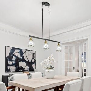 Island Light for Kitchen, 3-Light Black and Gold Kitchen Island Farmhouse Linear Hanging Pendant Chandeliers, Matte Black Dining Room Light Fixture Over Table with Clear Round Glass Shades - Image 9