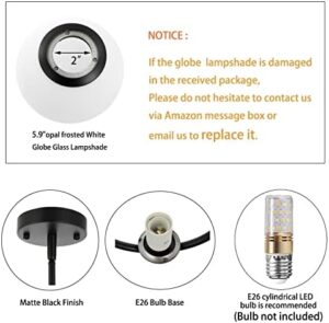 Modern Globe Pendant Light Mid Century Chandelier 1-Light Matte Black Ceiling Hanging Lighting Fixture with White Globe Glass Shade for Kitchen Island Dining Room Bedroom - Image 5
