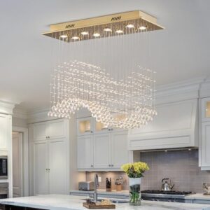 Siljoy Modern Crystal Chandelier Gold Rectangular Wave Raindrop Chandelier 8 Lights Rectangle Flush Mount Ceiling Light Pendant Light Fixture for Dining Room Living Room Kitchen Island L31.5'' - Image 3